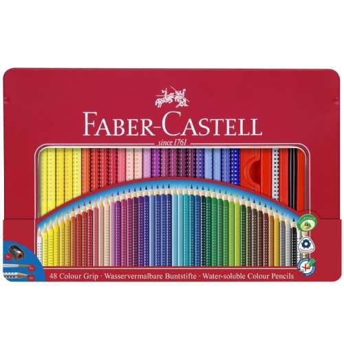 Faber-Castell Colour Grip vízben oldódó színes ceruzák, 48 szín, fémdobozban