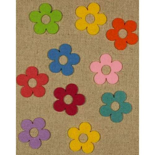 10 darabos kis filc virág forma lyukkal a közepén, tökéletes kézműveskedéshez és dekorációhoz