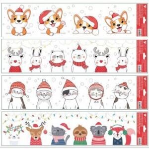 Deco Weihnachts Tier Fensteraufkleber 64x15cm, niedliche Cartoon Tiere mit Weihnachtsmützen und Schals - Fensteraufkleber