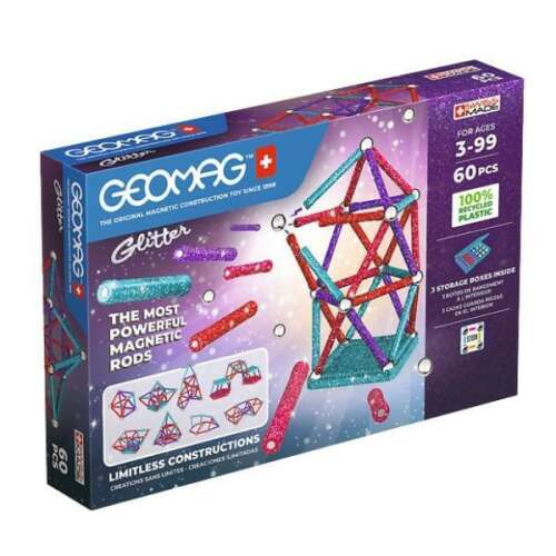 Geomag Glitter Magnetic Construction Set, 60 pieces, featuring colorful glitter rods and metal balls, build towers, shapes, and structures, STEM toy for kids