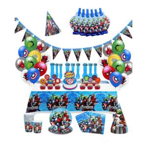 Set de articole pentru petrecere Avengers pentru 10 copii, include o față de masă, farfurii, pahare, șervețele, furculițe, paie, steaguri, decor pentru tort și baloane - Fate de masa de petrecere