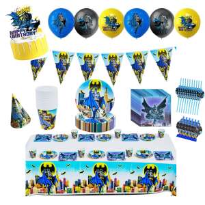 Set 89 piese de vesela petrecere Batman pentru 10 copii ANTADESIM, servirea mesei si decorare cu pahare, farfurii, servetele, paie, stegulete decorative, fata de masa, ornament tort, 18 baloa 102265045 - Fate de masa de petrecere