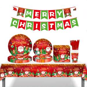 Christmas party table setting, 81 piece set, red and gold, Santa Claus, snowman, Christmas tree, Merry Christmas, Happy New Year, plates, cups, napkins, forks, spoons, tablecloth - Party Tableware