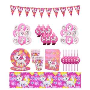 Set vesela petrecere Pisicuta Marie pentru 10 copii ANTADESIM, servirea mesei si decorare cu pahare, farfurii, servetele, paie, 6 dragoni de suflat, stegulete decorative, fata de masa, baloan 102265142 - Fate de masa de petrecere