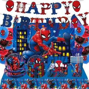 Set 82 de piese vesela petrecere Spiderman pentru 10 copii ANTADESIM, servirea mesei si decorare cu 10 pahare, farfurii mici, farfurii mari, furculite, cutite, linguri, servetele, stegulete d 102265169 - Fate de masa de petrecere