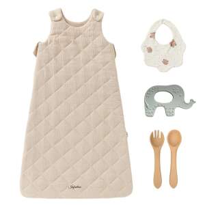 Infiniteea™ Baby Sleeping Bag, Size M, Kaki, with magnetic closure, side zipper, cotton, soft wadding inside, thermal comfort, for 0-12 months, includes bib, teether, and spoons - Baby Sleeping Bag