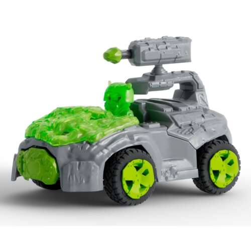 Schleich Stone Crashmobile with Mini Creature, grey and green toy vehicle with wheels, cannon, and a green creature inside