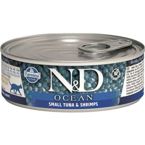 N&D Ocean Kis méretű tonhal és garnélarák nedves macskaeledel, 80g-os doboz - Macskaeledel
