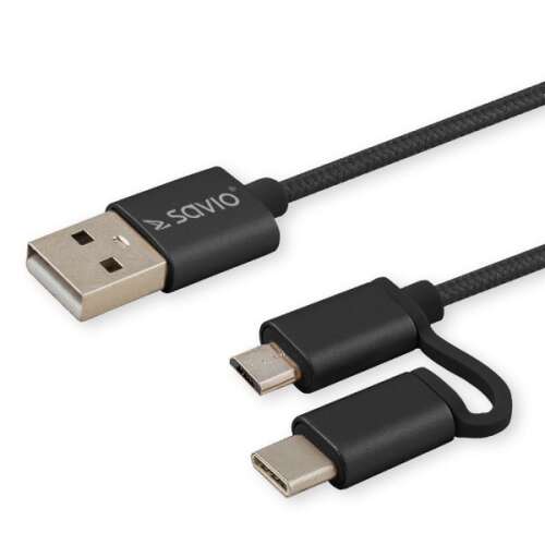 Savio CL-128 USB 2.0 kábel, 1 méter, fekete, USB-A, Micro-USB és USB-C csatlakozókkal