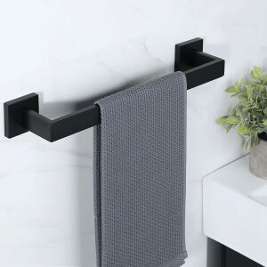 Black Bathroom Towel Rack with Gray Towel in Modern Bathroom - Towel rack