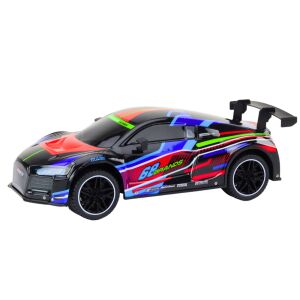 Legendary RC Sportwagen 1:10 Maßstab, schwarz mit bunten Aufklebern, schräge Ansicht - Lean Toys