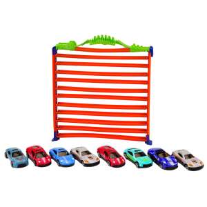 Surfurous 2 az 1-ben garázs és hurokpálya, narancs és zöld játék autó pálya, 11 szint, 8 játék autó - Autópálya & Parkolóház