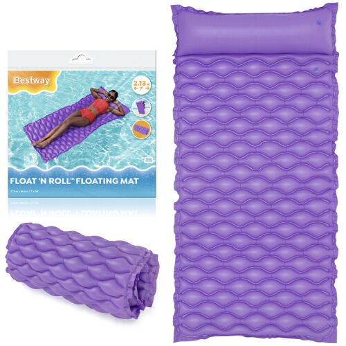 Bestway Float'N Roll inflatable pool mattress with pillow, purple, 213cm, 86cm, 90kg weight capacity