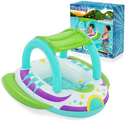 Bestway 34149 SPACE SPLASH™ napernyős ponton gyerekeknek, felfújható csónak napernyővel, kormánykerékkel és dudával, medencéhez és vízi szórakozáshoz