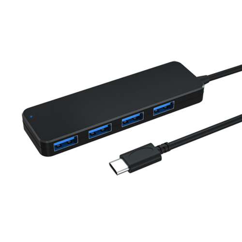 Black USB C to 4 port USB 3.0 hub adapter for laptop, Xbox, flash drive, HDD, console, printer, camera, keyboard, mouse