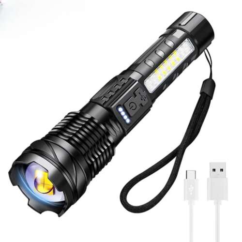 Lanternă LED Boruit YHX-0450 cu încărcare USB, zoom, focalizare și lumini laterale