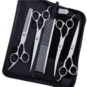 Set profesional OnePet 6 in 1 pentru îngrijirea animalelor de companie cu foarfece, foarfece de siguranță cu vârfuri rotunjite, pieptene, argintiu - Perie pentru animale, mașină de tuns, foarfece, mașină de tăiat gheare