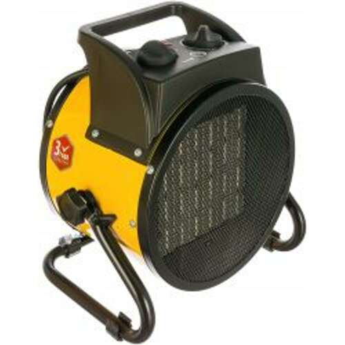 Denzel 3kW-os elektromos ventilátoros fűtő, sárga és fekete színben, fogantyúval és állítható szögben