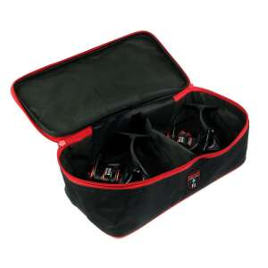 Reiva dupla orsótartó táska, fekete piros szegéllyel, nyitva, két orsót mutatva belül - Orsótartó táska