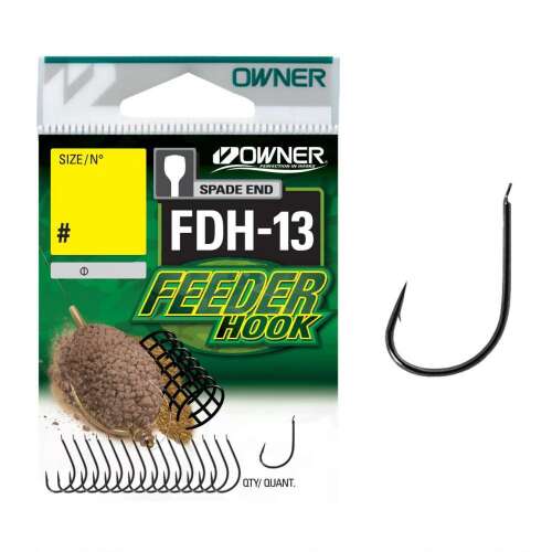 OWNER FDH-13 Feeder horog, # méret, lapka végű, fekete, 17 db-os csomag - Horgász horog