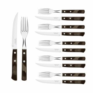 Tramontina Churrasco 12-piece steak knife and fork set with dark wooden handles. - Cutlery