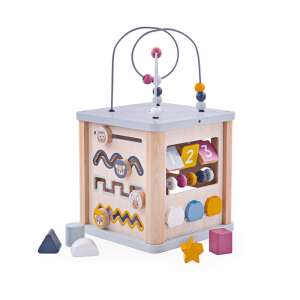 Wooden activity cube for toddlers with various activities like shape sorting, bead maze, mirror, and gears - Interactive Kids' Toy