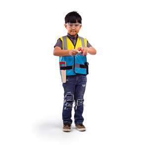 Child wearing a blue and yellow construction worker vest with tools, playing pretend - Bigjigs