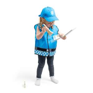 Child wearing a blue police officer costume with a hat, holding a flashlight and a notepad - Bigjigs