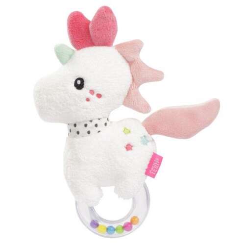 Fehn Unicorn Rattle, a soft plush toy with a rattling ring and colorful beads