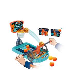 Joc de aruncare cu baschetul, o jucărie din plastic albastru și portocaliu cu un coș de baschet și o figurină de jucător, cu două mâini care apucă brațele figurinei pentru a arunca mingea - Jocuri de îndemânare în aer liber