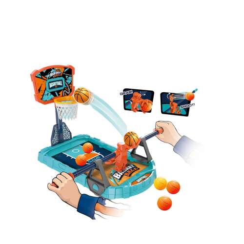 Kosárlabda dobó játék, egy kék és narancssárga műanyag játék kosárlabda gyűrűvel és egy játékos figurával, két kéz fogja a figura karját, hogy dobja a labdát