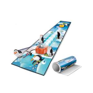 Penguin Pucks board game, featuring a penguin sliding on a snowy track with a shark in the background - Outdoor Skill Game