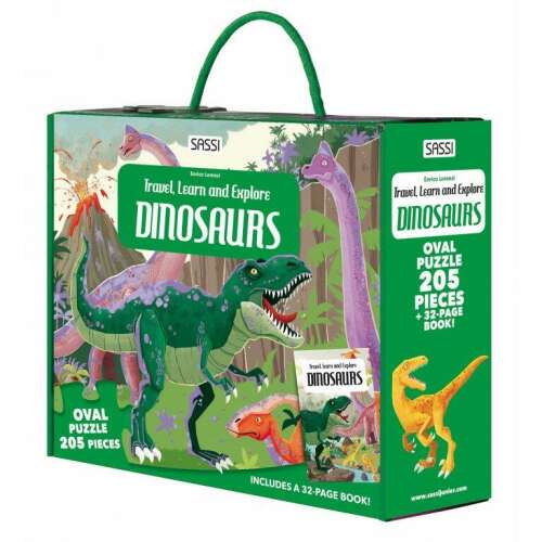 Sassi Călătorește, Învață și Explorează: Dinozauri Puzzle oval de 205 piese cu o carte de 32 de pagini