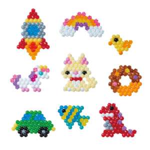 Aquabeads creations, including a rocket, rainbow, chick, unicorn, cat, donut, car, fish, and dinosaur - Bead & Bead Stringing Kit