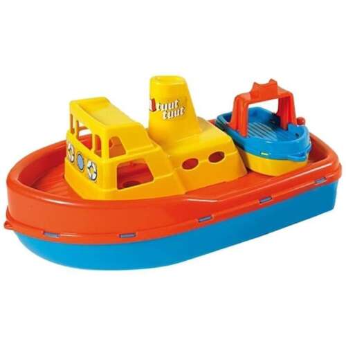 Yellow and red tugboat with a smaller blue boat, bath toys for kids