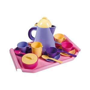 Androni Giocattoli pretend play tea set with tray, purple teapot, yellow creamer, pink sugar bowl, purple, yellow, and pink cups and saucers, and spoons - Androni