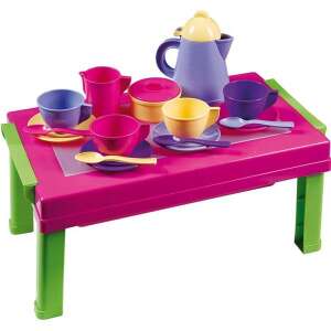 Androni Giocattoli Mini Table Playset with 15 pieces, pink table with green legs, tea set, cups, saucers, spoons, teapot, sugar bowl, milk jug - Androni
