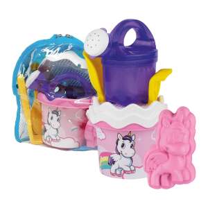 Unicorn beach toy set with bucket, watering can, sieve, shovel, rake, and unicorn mold - Androni