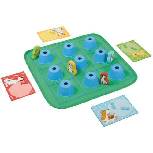 Beleduc Doggie Bones game board, featuring a green felt board with 9 blue cups and 4 dog figurines