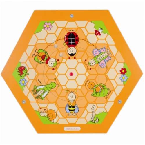 Beleduc beehive wall game with insects, a hexagonal wooden board with colorful insects and a honeycomb pattern, perfect for preschoolers to learn about insects and develop fine motor skills