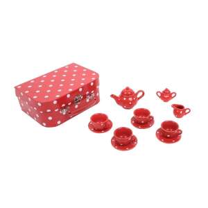 Red polka dot suitcase with porcelain tea set for kids, includes teapot, cups, saucers, sugar bowl, milk jug, and a carrying case - Toy kitchen tool