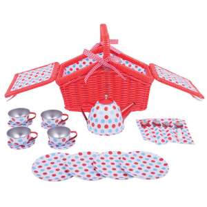 BigJigs Toys Polka Dot Picnic Basket Playset, red wicker basket with teapot, cups, plates, and other accessories - Bigjigs