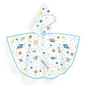 Djeco Rocket Raincoat, kids raincoat with a space theme, blue and white, hooded - Men's Clothing