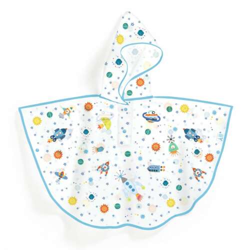 Djeco Rocket Raincoat, kids raincoat with a space theme, blue and white, hooded