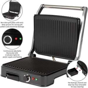 Bomann KG 2242 CB elektromos grill, fekete és ezüst színben, tapadásmentes grilllemezekkel, zsírelvezető csatornával, csepegtető tálcával, állítható termosztáttal, tápellátás és fűtés jelzőfényekkel - Bomann