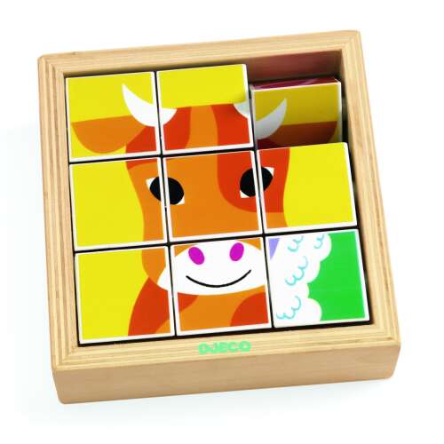 Djeco Animoroll rotating puzzle for kids, cow puzzle, 9 pieces, in wooden frame