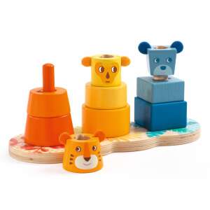 Djeco MultiStack Multi Stack educational toy, wooden stacking toy with 3 different stacking methods, featuring a monkey, lion, and bear - Developmental Toy for Toddler
