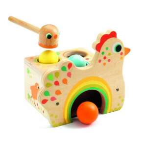 Djeco Tojás tyúk Tapatou wooden toy for toddlers, with hammer, eggs and rolling ball, encourages fine motor skills and hand-eye coordination - Developmental Toy for Preschooler