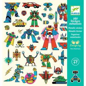 Djeco Robot Stickers, 160 metallic stickers, robot themed, retro mecha manga robots, bright armored droids, futuristic drones, for kids ages 4-7 - Sticker, Magnet