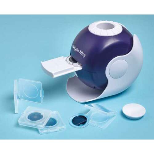 BrainStorm Toys Night Sky projector with open lid showing the different discs for projecting the solar system, constellations, starlight, and moonlight